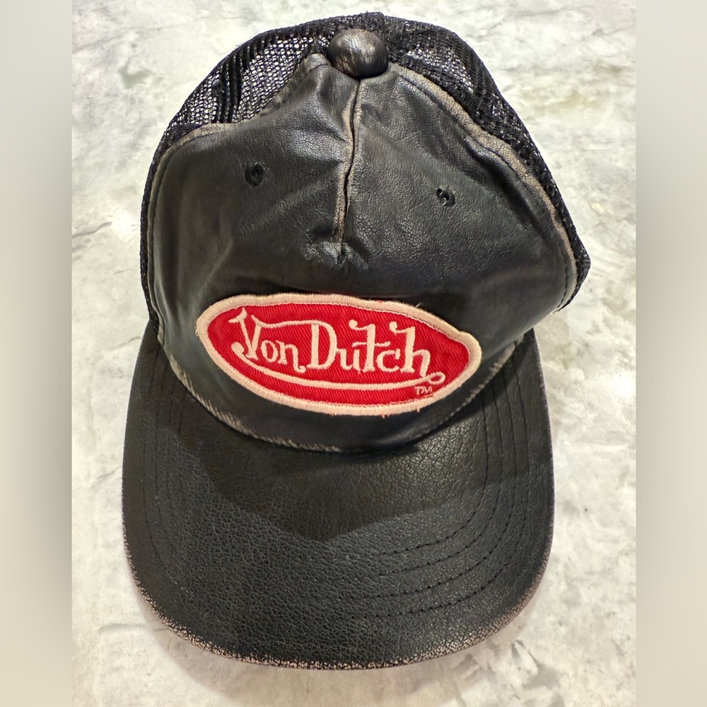Von Dutch Original Black Leather Truckers Hat - Vintage - Like New
